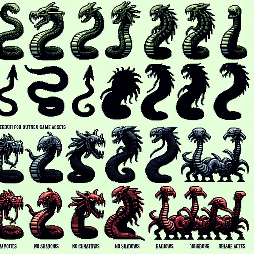A sprite sheet of evil and dangerous looking outer space dragon serpents, head and body segments..
Single Game Texture. In-Game asset. 2d. Blank background. High contrast. No shadows.