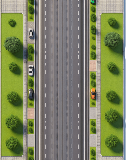 single large vertical road with no vehicles. similar to road fighter. grey color with pavement and grass on the side. orthographic top view.