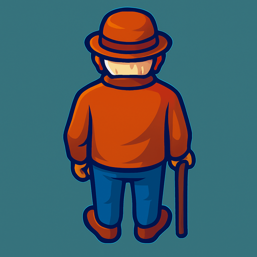 An old man with a cane and hat. Still facing straight forward with back facing straight down.