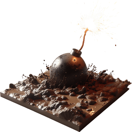 sparking bomb inside MUD HOLE.
Single Game Texture. In-Game asset. 2d. Blank background. High contrast. No shadows.