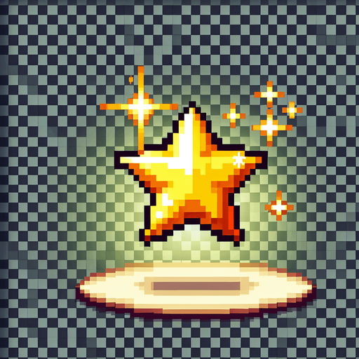 A small, glowing golden star collectible in pixel art style. Shiny with a subtle sparkle effect, floating slightly above the ground. Simple and bright, easy to spot during fast gameplay. Designed to reward players for precision jumping. Transparent background..
Single Game Texture.  In-Game asset.  2d.  Blank background.  High contrast.  No shadows