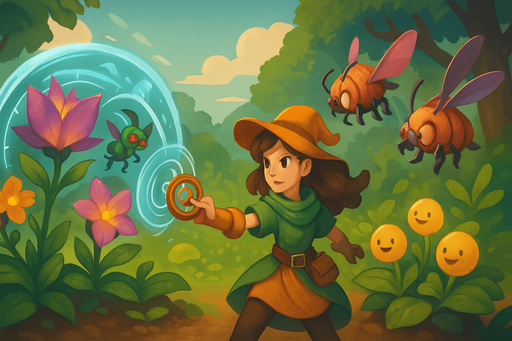 Fullscreen modern App Store landscape banner, 16:9, high definition, for a game titled "Temporal Bloom" and with the description "A whimsical garden defense game where you manipulate time to protect magical plants from waves of fantastical pests using abilities like local time rewind, accelerated growth, and temporal stasis fields.". No text on banner!