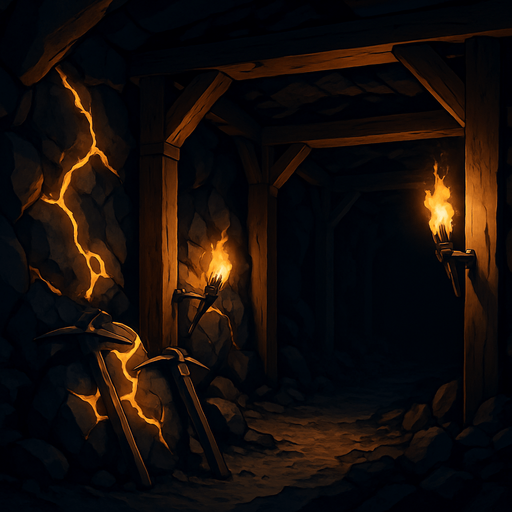 An underground medieval mine with flickering torchlight, wooden supports, glowing ore veins, pickaxes leaning on rocks, deep shadows and echoing silence, realistic.
In-Game asset.  2d.  High contrast.  No shadows