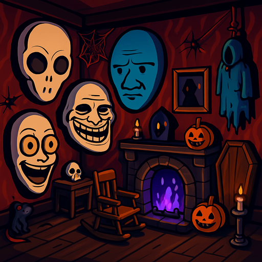 3D Scary room with many 3D decorations around, 3D scary masks of memes around it.
In-Game asset.  3D.  High contrast.  No shadows. no jesus cross. no star of 6. no start of 5. no devil. HD colors
