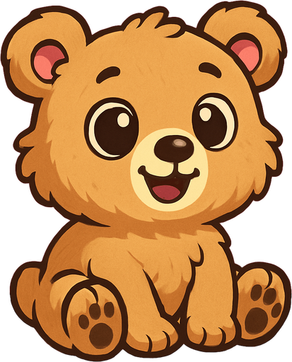 A cute cartoon-style bear character designed for a mobile game. Fluffy fur, big round eyes, small black nose, rounded ears, standing or sitting with a joyful and friendly expression. Light brown or beige color, simple colorful background. High-quality digital illustration, perfect for a kids game..
In-Game asset.  2d.  High contrast.  No shadows. cartoon style