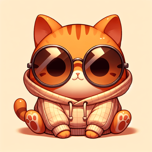The character in the image is a cartoon-style, orange tabby cat with noticeable stripes. It has a round face, wearing a pair of oversized, round, dark opaque sunglasses. The cat's body is smaller in comparison to its head, giving it a cute, chubby appearance. It's wearing a simple, light-colored hoodie with a drawstring. The cat sits with its paws visible in front, showing a relaxed posture. The overall style is playful and whimsical, perfect for a casual mascot or a character in a children's book..
Single Game Texture. In-Game asset. 2d. Blank background. High contrast. No shadows.