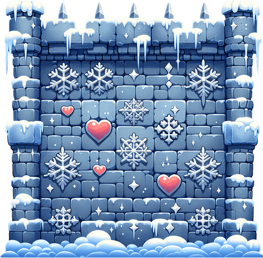 A medieval wall built of ice blocks, with stars and christmas hearts as ornaments. Single Game Texture. In-Game asset. 2d. Blank background. High contrast. No shadows.