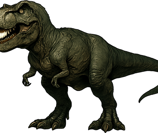 A massive Tyrannosaurus rex dinosaur depicted in a neutral standing pose on a transparent background. It has a powerful, muscular body covered in rough, dark green and brown scaly skin with visible wrinkles and scars. The head is huge with a wide mouth slightly open, showing rows of sharp teeth and piercing yellow eyes. Its short but strong arms have two clawed fingers, and the thick tail balances the bulky body. The skin texture features detailed scales and subtle shading, emphasizing its predatory strength and dominance..
In-Game asset.  2d.  High contrast.  No shadows