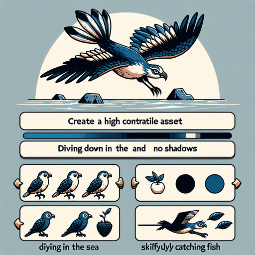 it could imagine flying high in the sky, touching the sea, catching fish, eating fruit, and flying with a flock..
Single Game Texture. In-Game asset. 2d. Blank background. High contrast. No shadows.
