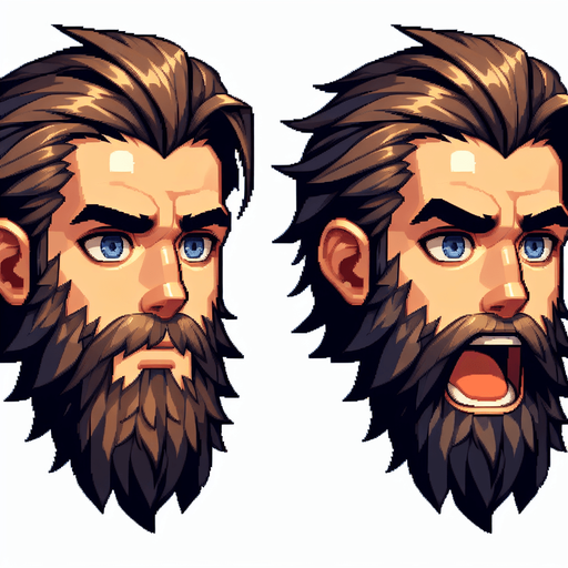 бородатый парень и он же с открытым ртом.
Single Game Texture. In-Game asset. 2d. Blank background. High contrast. No shadows.