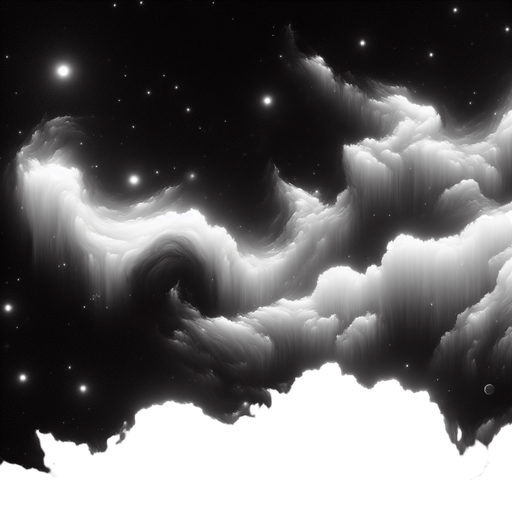 space image stylised gas clouds, black and white image, low contrast