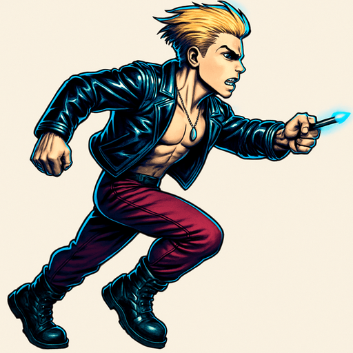 Camera-facing arm forward, camera facing leg back, reversed limbs position, Cyberpunk manga, side profile view running animation frames, shiny black leather biker jacket longsleeves shirtless thin abs pecs necklaces gemstone tipped wand, action shot wand pointed straight in front arm extended wand casting spell fierce fashion pose animation blonde undercut pompadour, vampire fangs, wine red joggers, combat boots, Background removed, "Full-body character, entirely in frame, no cropping of face, head, or feet" "Complete character visible, from head to toe, fully centered in the image" "Entire character, including face and boots, fully within the frame" Character fully contained within a square frame, no edges cut off,