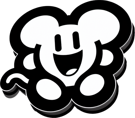 top-down view, videogame kitchen mickey mouse 
character, 90s style sticker, flat, no perspective, silhouette,  black and white, cartoon, fun, simple,.
Single Game Texture. In-Game asset. 2d. Blank background. High contrast. No shadows.