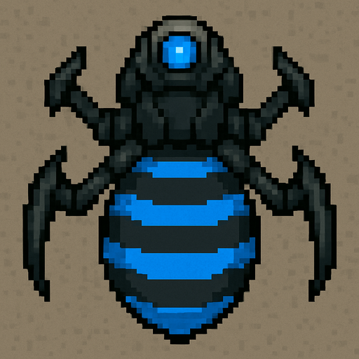 top down pixel art of an aggressive war drone with blue wasp stripes with a blue light on top.
In-Game asset.  2d.  High contrast.  No shadows