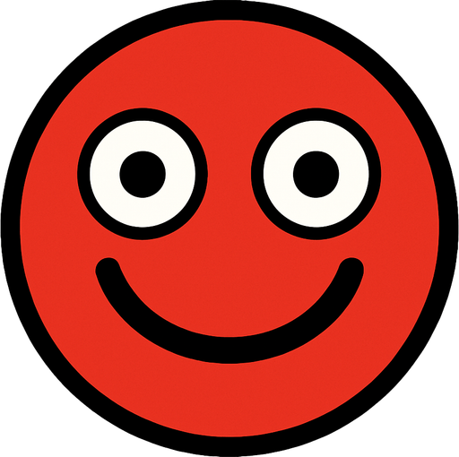 Red ball with two white eyes, inside the eyes are medium sized black dots, and a black smiley mouth.
In-Game asset.  2d.  High contrast.  No shadows