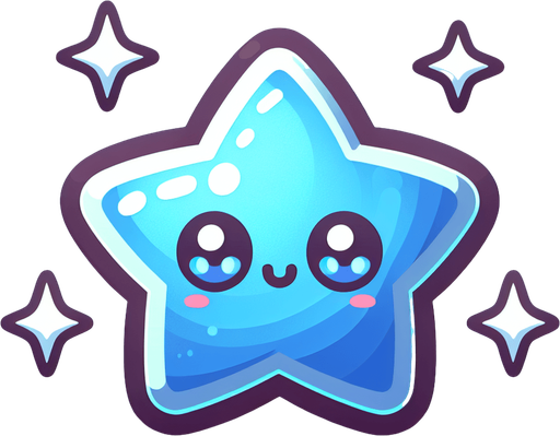 a shiny blue cute star.
Single Game Texture. In-Game asset. 2d. Blank background. High contrast. No shadows.