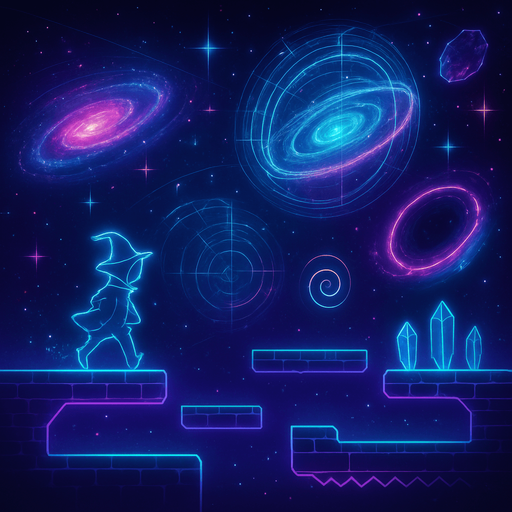2D platformer outerspace cosmic cyberpunk neon side profile view hologram stars magick galaxies cosmic black holes milkway star system overlay projection asteroid starfield Platforming magical dimension pathway level obstacle layout videogame