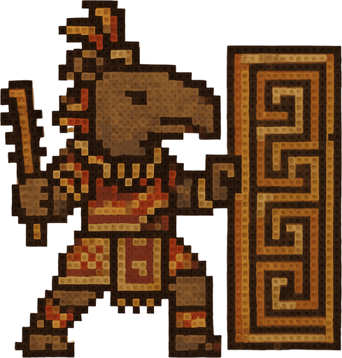 Generame un guerrero azteca con patrones, estilo pixelar, además será un animal Tapir, con efectos de tierra, cargando un gran escudo o muro..
In-Game asset.  2d.  High contrast.  No shadows