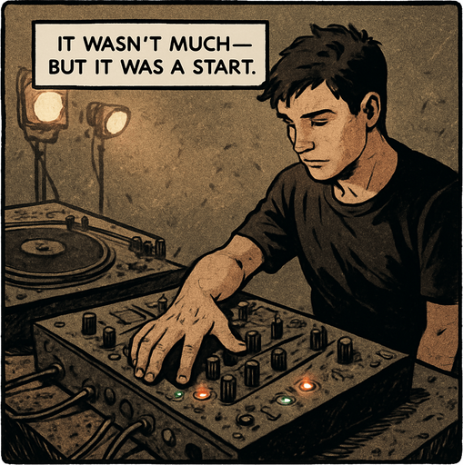 A comic panel styled like a square photo print with a clean white border. Realistic comic art. Scene: A dusty DJ booth, some lights flickering, the equipment old but intact. Noah places his hand on the mixer with a hint of reverence. Narrator box at the top reads: “It wasn’t much — but it was a start.”.
In-Game asset.  2d.  High contrast.  No shadows