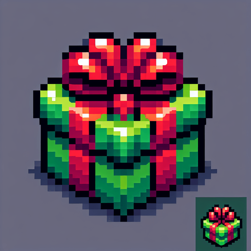 Pixel art of a green christmas present with red ribbons. Single Game Texture. In-Game asset. 2d. Blank background. High contrast. No shadows.