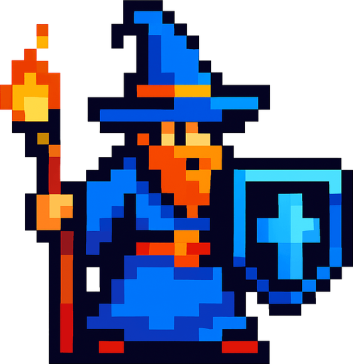 piksel kalkanlı büyücü.
In-Game asset.  2d.  High contrast.  No shadows