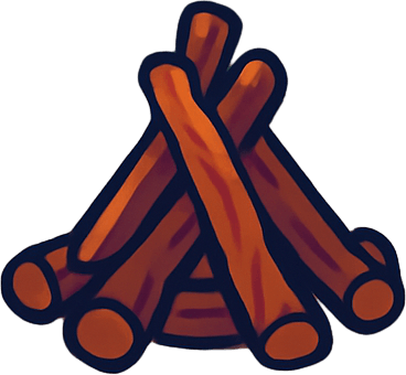 camp area. world imagination. magical. wood of fire but without fire on the middle of the screen.
In-Game asset.  2d.  High contrast.  No shadows