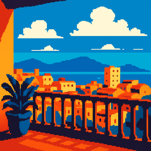 balkon manzarası görüntüsü oluştur pixel art tarzında.
In-Game asset.  2d.  High contrast.  No shadows
