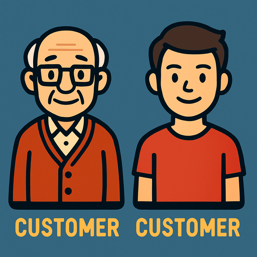 bana bir tane 2d önden bakılmış yaşlı customer bir tane de 2d önden bakılmış genç bir customer çiz.
In-Game asset.  2d.  High contrast.  No shadows
