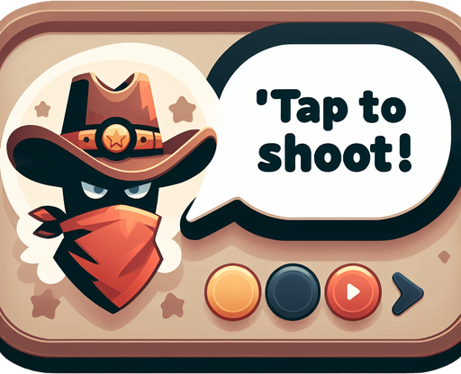 Tap to shoot! in a western style speech bubble..
Single Game Texture. In-Game asset. 2d. Blank background. High contrast. No shadows.