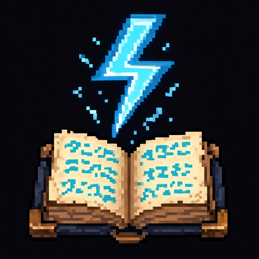 "2D pixel art of a glowing blue lightning bolt symbol emerging from an open magical spellbook. The book has ancient, worn covers and glowing runes on its pages. The lightning symbol floats above the book, made of bright blue magical energy, crackling with small sparks. It glows vividly, suggesting power and electricity. Designed in classic 16-bit fantasy RPG style. Transparent background.".
In-Game asset.  2d.  High contrast.  No shadows