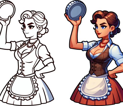 upper torso of a western cartoon barladygetting ready to throw a pie. front view.
Single Game Texture. In-Game asset. 2d. Blank background. High contrast. No shadows.