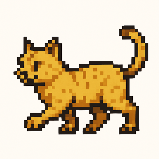 Pixel art orta çağ tarzında sarı yürüyen bir kedi beyaz arka planlı..
In-Game asset.  2d.  High contrast.  No shadows