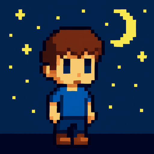 Niño pero de noche pixelart.
In-Game asset.  2d.  High contrast.  No shadows