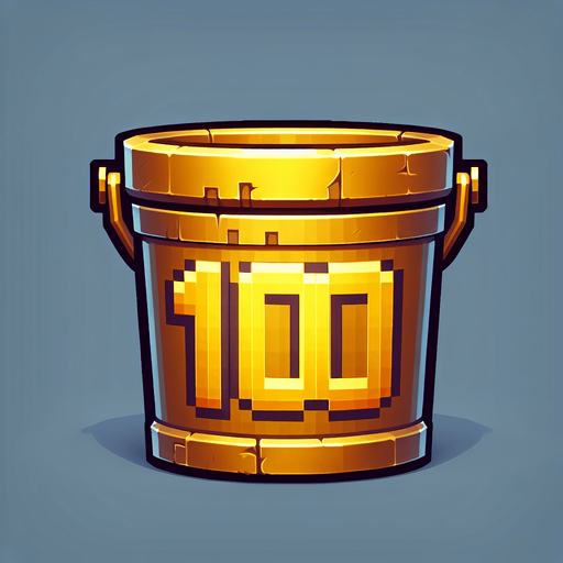golden bucket with 100 text on it. front view. 
Single Game Texture. In-Game asset. 2d. Blank background. High contrast. No shadows. pixel. 8 bit