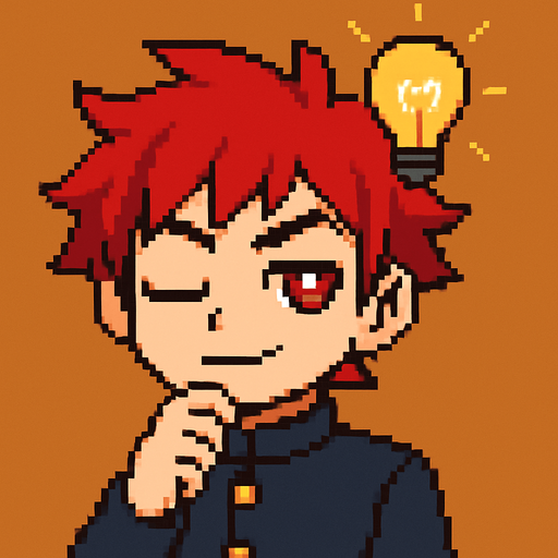A kawaii anime boy with red eyes and a serious expression stands with his eyes closed, resting a hand under his chin in a thoughtful pose. He’s wearing a traditional Japanese school uniform called a gakuran. Suddenly, a lightbulb appears above his head—the classic symbol of a brilliant idea. He opens his eyes with determination, a confident smile forming on his face. It's Pixel Art.