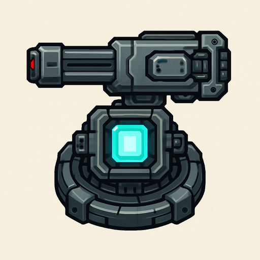 2D top-down view sci-fi laser turret, mounted on a rotating base, glowing energy cell, detailed mechanical parts, metallic finish, compact and powerful look, pixel art or vector style, no background.
In-Game asset.  2d.  High contrast.  No shadows