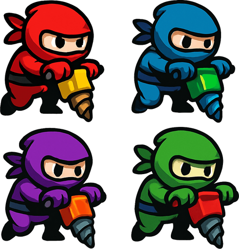 Different frames of a ninja digger, different colors, HD colors.
In-Game asset.  2d.  High contrast.  No shadows