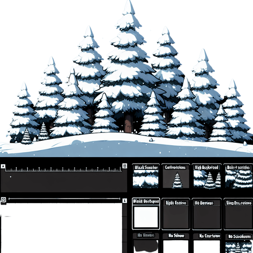 Tree line of snowy pine trees. Cartoon. Black background.
Single Game Texture. In-Game asset. 2d. Blank background. High contrast. No shadows.