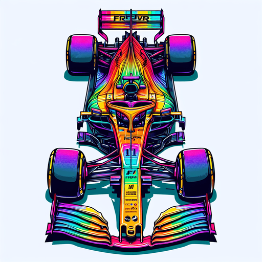 Full-length F1 race car. rainbow coloured Gradient on body. "FRVR" sponsor. Top view..
Single Game Texture. In-Game asset. 2d. Blank background. High contrast. No shadows.
