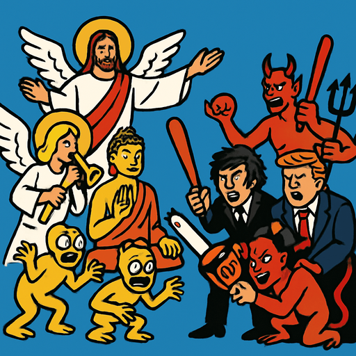 cristo, buddha y angeles vs milei con motosierra, trump con bate de basebol, devil, demons y yellow demons.
In-Game asset.  2d.  High contrast.  No shadows