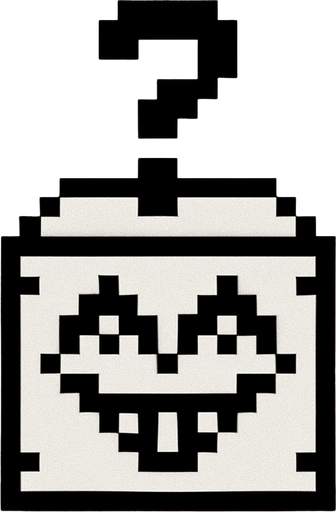 Una caja sorpresa cerrada en blanco y negro pixeleado en 16x16 pixeles, en la caja hay un dibujo de unos ojos y sonrisa de Jevil de deltarune. el fondo de la imagen es de color rojo