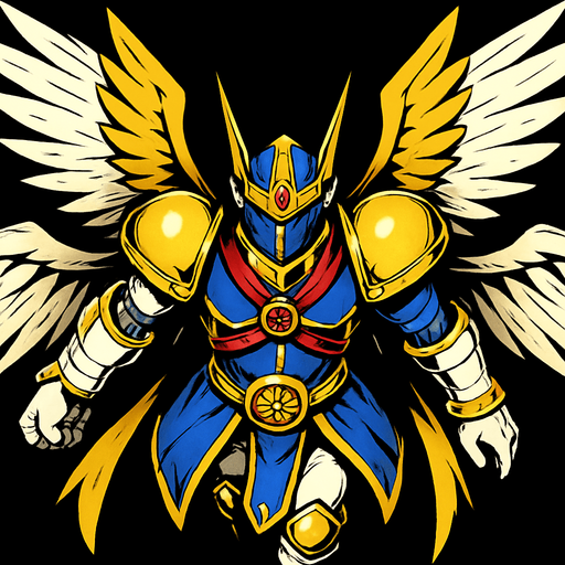 Seraphimon, visto desde arriba, calidad y detalles altamente épicos, Digimon.
In-Game asset.  2d.  High contrast.  No shadows