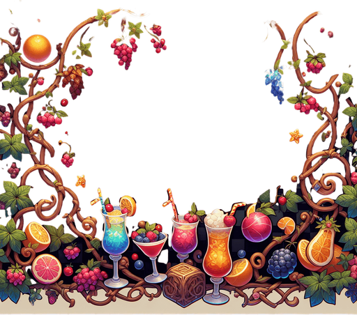 A fullscreen background gui element for an in-game shop. It should be mostly blanks space, but along the edges there could be some structure or decorative vines and items, mostly related to fruits, berries, cocktails in a summer theme..
Single Game Texture. In-Game asset. 2d. Blank background. High contrast. No shadows.