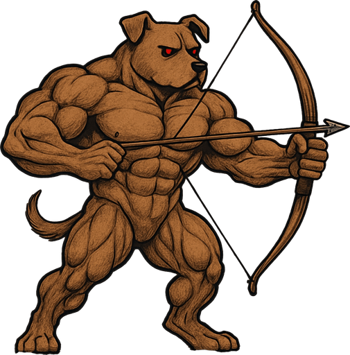 A brown dog that’s really really buff. Full body. Give the dog A bow and arrow. Red eyes.
2D.