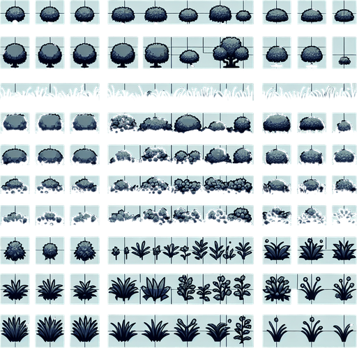 Create a sprite sheet showing various bushes and grass.  The design should exclusively include overhead views. Arrange the components on a dark background, neatly aligning each part in rows and columns for easy identification and use in game development..
Single Game Texture. In-Game asset. 2d. Blank background. High contrast. No shadows.