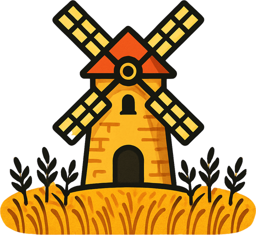 טחנת דגן בלב שדה חיטה עם רקע צהוב.
In-Game asset.  2d.  High contrast.  No shadows