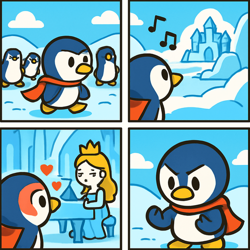 4-panel comic strip, no text, cute cartoon style, bright colors, black outlines.
Characters: Penguin Hero (small, determined) + Penguin Princess (elegant, crown) + Village Penguins
Central Theme: Music connects hearts, piano mastery wins love.  Hero sees Princess's beautiful piano playing, falls in love

Panel 1: Hero living normal life in penguin village
Panel 2: Hears beautiful piano music from Princess's ice palace
Panel 3: Sees Princess playing gracefully, hearts float around Hero
Panel 4: Hero determined but nervous, looking at his flippers.
In-Game asset.  2d.  High contrast.  No shadows