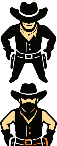 a western setting duel arena, place one cowboy at the top of the screen facing down and another cowboy at the bottom facing up.
In-Game asset.  2d.  High contrast.  No shadows