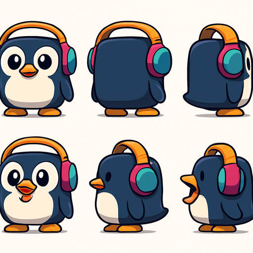 Create a character sprite sheet for a 2D mobile game. The subject is a cubical cute, chubby penguin character with large, expressive eyes, wearing oversized, colorful headphones. The art style should be clean vector art with bold outlines and simple, vibrant cel shading. The sheet must be on a plain white background with each sprite clearly separated. Include the following 6 full-body sprites in an orthographic, non-perspective view:
Idle stance, facing front.
Idle stance, facing back.
Idle stance, left side view. Idle stance, right side view.
Mouth wide open (as if eating), facing front.
Mouth wide open, left side view.