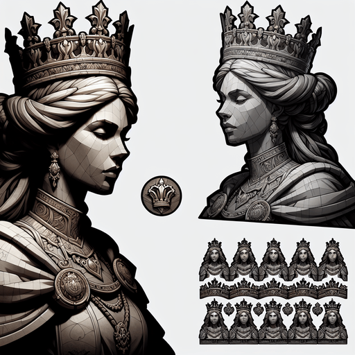 Queen with crown.
Single Game Texture.  In-Game asset.  2d.  Blank background.  No shadows